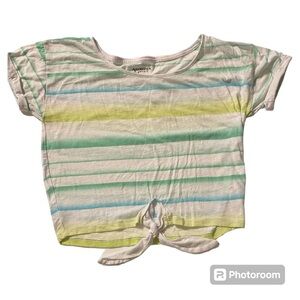 3/$12 Arizona Crop Top Striped White Yellow Blue Green Tie Front